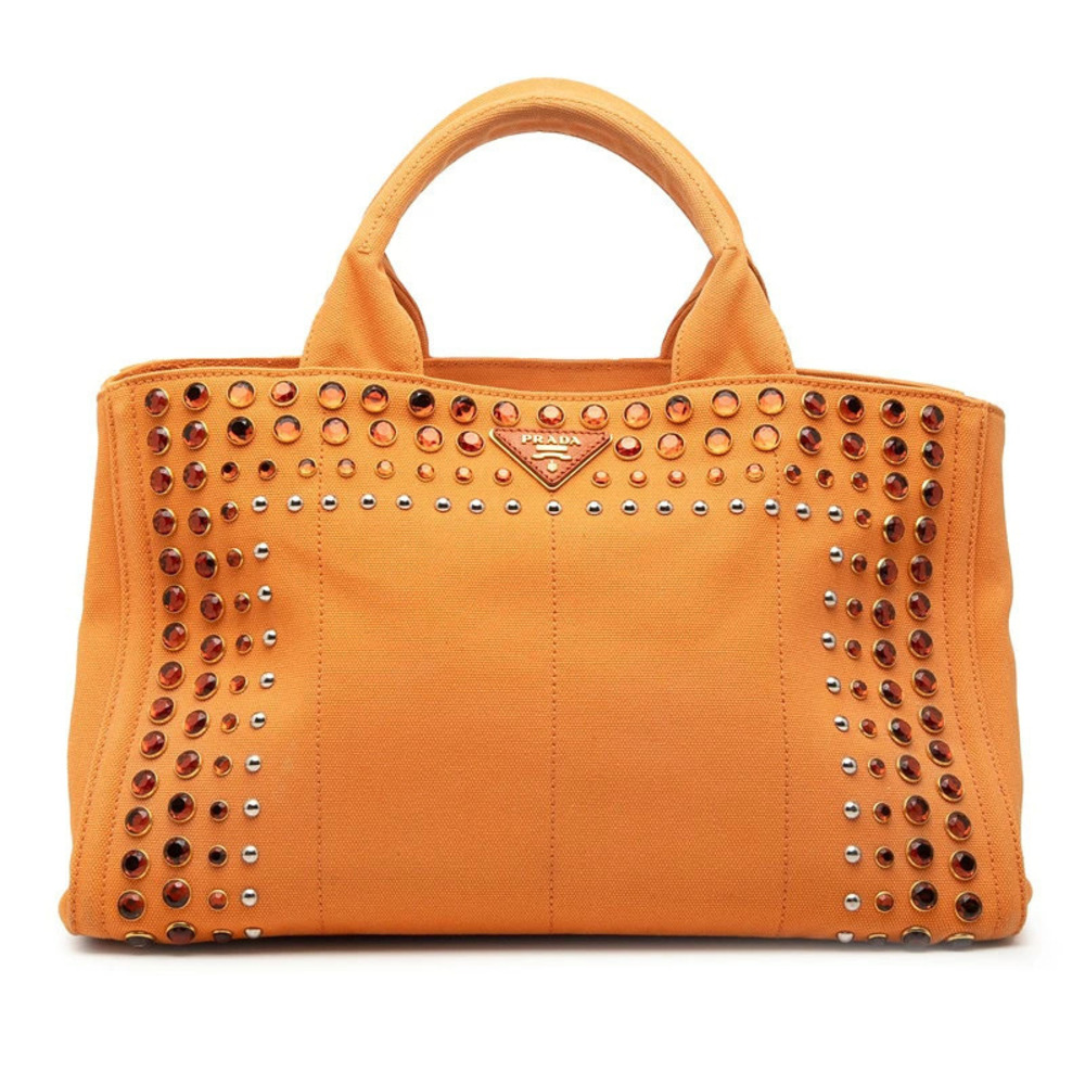 Prada Canapa handbag tote bag triangular plate orange canvas embellished